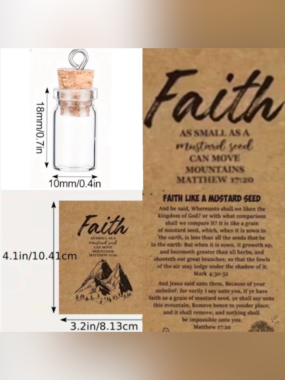 NWT FAITH AS SMALL AS A MUSTARD SEED MINI GLASS BOTTLE INCL. CARD & NECKLACE
